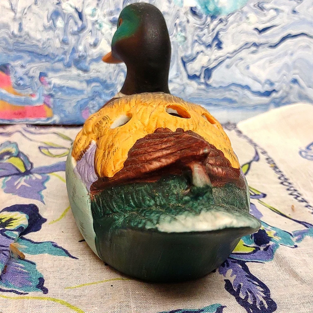 Porcelain Hand Painted Figural Mallard Duck Pencil Holder Vintage